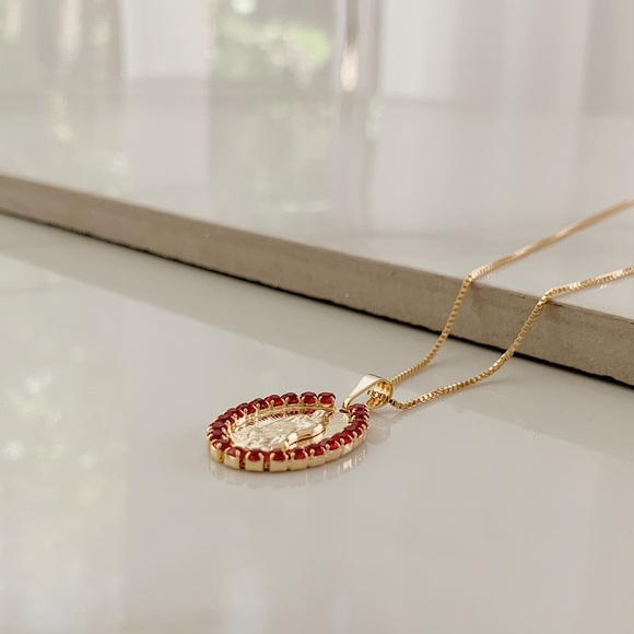 Virgin Mary Ruby Necklace | 18k Gold Filled - Picture 3 of 8